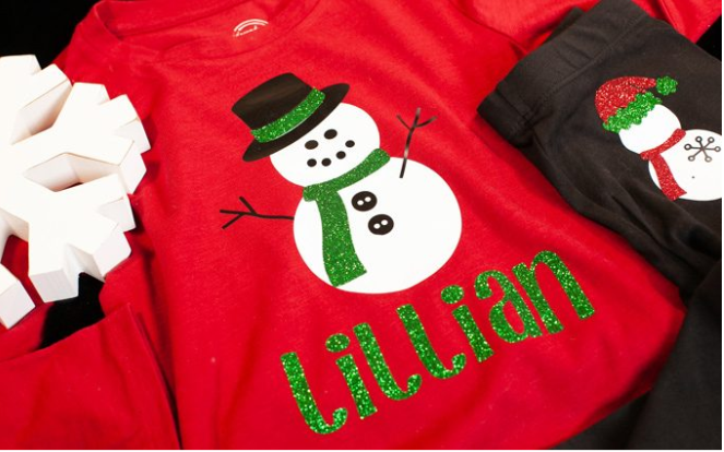 A Cricut T-shirt with a Snowman and customized name for Christmas