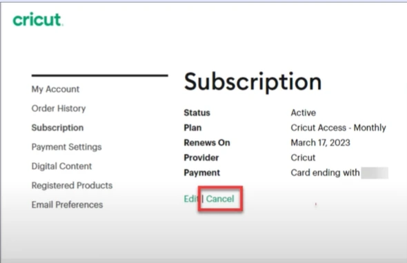 Click Cancel in green on the Subscriptions page